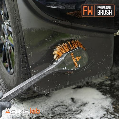 Suds Lab FW Fender Well Brush, Car Wash Brush, Long Handle Tire Cleaner for Car Detailing, 18 Inch, Soft Bristles, Non-Slip Grip, Black
