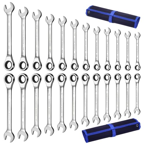 Qnkaa 24pcs Ratcheting Wrench Set with Rollup Pouches Metric (8mm to 19mm) & SAE (1/4" to 7/8") Ratchet Combination Wrenches Set Wrench set Metric and Standard