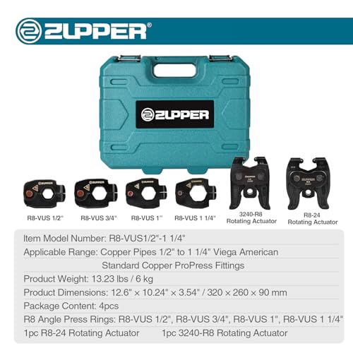 ZUPPER Press Rings Kit for 1/2" to 1-1/4" Copper Pipes ProPress fittings | 4PCS Rings, 2PCS Actuators 24R8 and 3240-R8 Suit Narrow or Angled Installation Area, fit Compact and Standard Press Tools