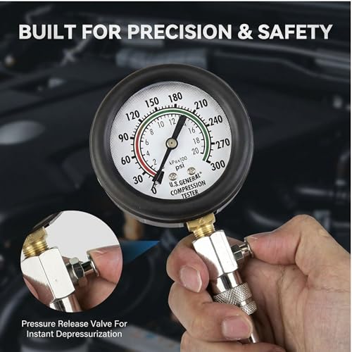 8 Piece Compression Test Kit – Professional Automotive Engine Trial Tool Set with Pressure Rubberized Portector Gauge, Angled Fittings, Flexible Hose & Multiple Adapters for Petrol, Gas Engines