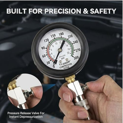 8 Piece Compression Test Kit – Professional Automotive Engine Trial Tool Set with Pressure Rubberized Portector Gauge, Angled Fittings, Flexible Hose & Multiple Adapters for Petrol, Gas Engines