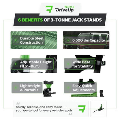 Jack Stands 3 Ton (6,600 lb) Heavy Duty Steel, Double Locking, Set of 2, Adjustable Height 11.03-16.7 Inch, Green Car Jack Stands for Cars SUV Trucks Vans - size: 3 Ton