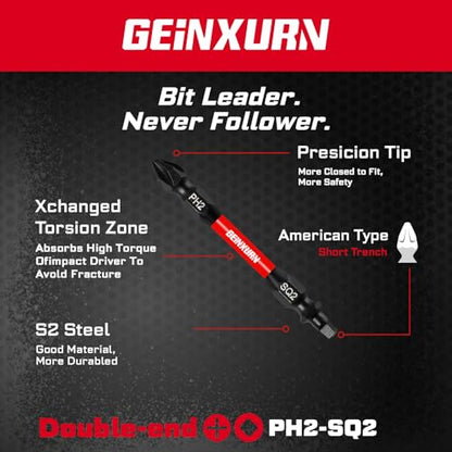 Geinxurn 10Pcs PH2-SQ2 Impact Double End Screwdriver Bit Set, 2.56 in. #2 Phillips /#2 Square Power Driver Bits, Magnetic S2 Steel Two Sides Screwdriver Bits Set with Storage M-Box - style: 2.56"-PH2/SQ2-10PC