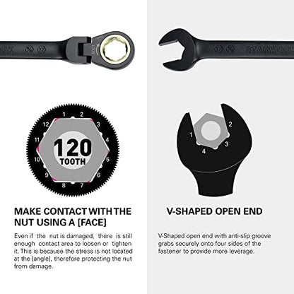 STARWORK TRUE MECHANIC™ 7-Piece 2-in-1 Flex-Head Ratcheting Wrench Set with Rolling Pouch, 120-Tooth, SAE&Metric - size: 7-Piece 120-Tooth Flex-Head