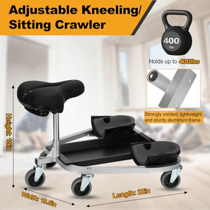 noblequest Kneeling Sitting Creeper with 3" Casters, 1.2cm Foam-Padded Rolling Knee Pads for all Floor Work, Rust-Proof Aluminum-Coated Frame, Three-Position Adjustable Seat, Supports 400 lbs, Black