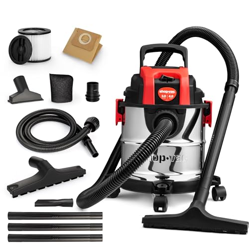 Shop-Vac 3 Gallon 4.0 Peak HP Wet/Dry Vacuum with Blower Function | Stainless Steel Tank, Portable Shop Vacuum with Wheels, Includes Filters, Hose & Accessories, Ideal for Garage and Workshop - size: 3 gallon