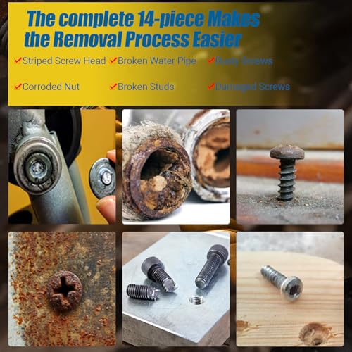 14PCS Easy Out Screw Extractor Set and Left-Hand Drill Bit Set, Stripped Screw Extractor Set for Removing Damaged Screws, Broken Bolts, Studs - size: 14 Pieces