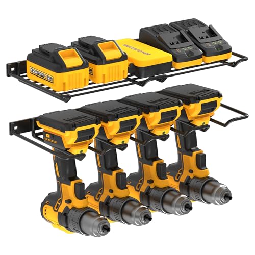 UNITEDPOWER Wall Mounted Drill Rack & Tool Shelf, Power Tool Organizer Holder, Heavy Duty Utility Storage Rack for Cordless, Battery Powered Hand Tools, Workshop, Shed, Garage - style: Power Tool Holder & Battery Shelf