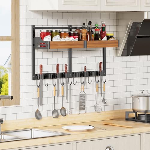 Broom and Mop Organizer Wall Hanging, Broom Holder Wall Mount with Cleaning Supplies Organizer, Broom Hanger Wall Mount with Storage Shelf and Hooks for Laundry Room Garage Kitchen