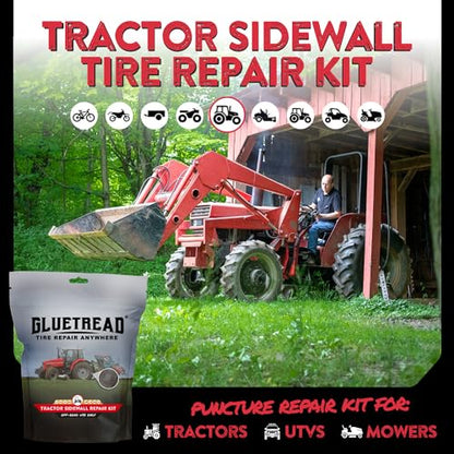 GlueTread Tractor Sidewall Tire Repair Kit | Off-Road Puncture Repair Anywhere No Need to Remove Tire | Enough Material to Patch 5-7 Tires | Puncture Repair Kit for Tractors, Trailers and Mowers