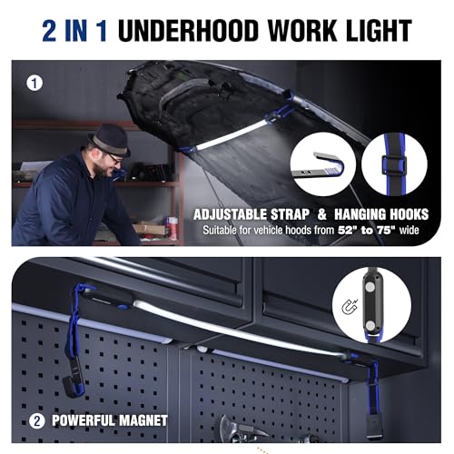 WORKPRO Rechargeable Underhood Work Light, 25inch Long Foldable LED Work Light Bar, 3 Lighting Modes with Adjustable Straps and Hooks, Magnetic Light for Car Repairing/Garage/Workshop/Emergency