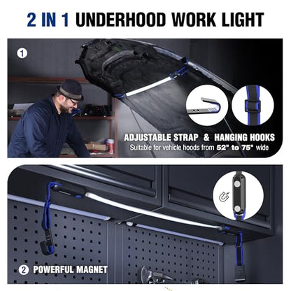 WORKPRO Rechargeable Underhood Work Light, 25inch Long Foldable LED Work Light Bar, 3 Lighting Modes with Adjustable Straps and Hooks, Magnetic Light for Car Repairing/Garage/Workshop/Emergency