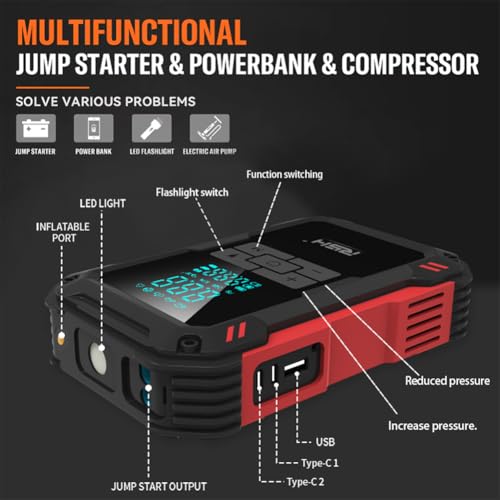 RSH Car Jump Starter with Air Compressor 4000A Peak Battery Jump Starter 14.8V ,150PSI Inflator Auto Booster 15000mAh Jump Box (up to 10L Gas,8L Diesel Engine)with LED Light,Quick Charger USB & Type C