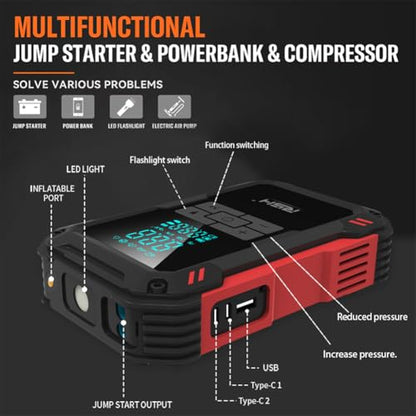 RSH Car Jump Starter with Air Compressor 4000A Peak Battery Jump Starter 14.8V ,150PSI Inflator Auto Booster 15000mAh Jump Box (up to 10L Gas,8L Diesel Engine)with LED Light,Quick Charger USB & Type C