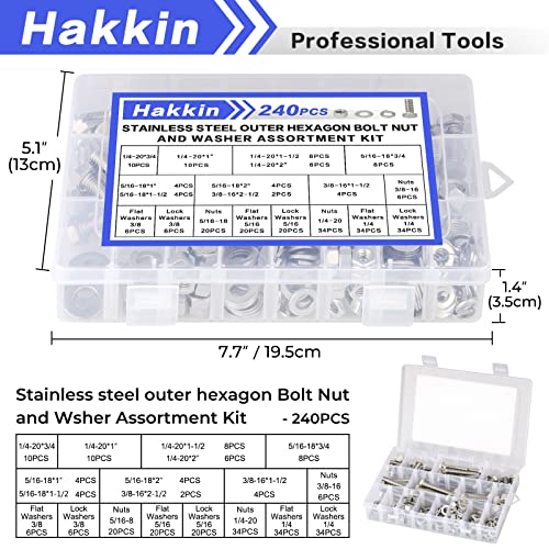 Hakkin Hex Bolts and Nuts Kit 1/4-20, 5/16-18, 3/8-16, 10 SAE Sizes 304 Stainless Steel Nuts and Bolts Assortment with Flat & Lock Washers, 240PCS Full Thread with Case, for Home, Automotive, Marine - size: 240PCS 1/4-20 5/16-18 3/8-16 Hex Bolts Silver