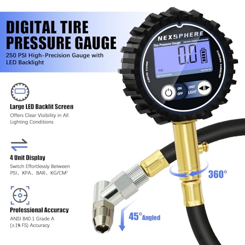 200 PSI Digital Tire Pressure Gauge – Heavy-Duty Air Pressure Gauge for Tires, Accurate Digital Tire Gauge with LED Backlight, 360° Swivel Chuck for Cars, Trucks, Motorcycles & RVs