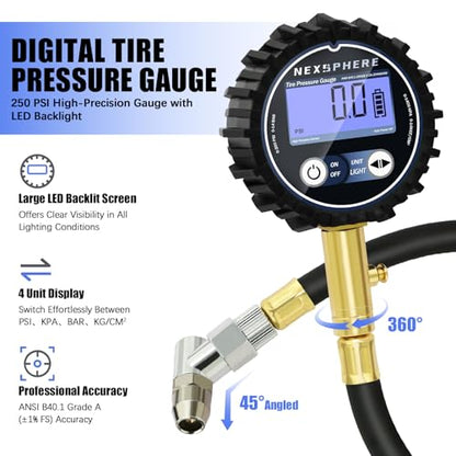 200 PSI Digital Tire Pressure Gauge – Heavy-Duty Air Pressure Gauge for Tires, Accurate Digital Tire Gauge with LED Backlight, 360° Swivel Chuck for Cars, Trucks, Motorcycles & RVs