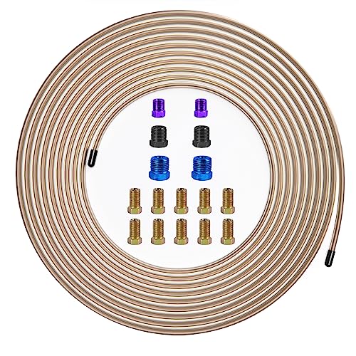 MuHize 1/4 Inch Copper Nickel Brake Line Kit (25 Feet) - Corrosion Resistant Hydraulic Brake Tubing for Ford/Toyota Tacoma - 16 Braking Fittings Coil Set - color: Copper-nickel