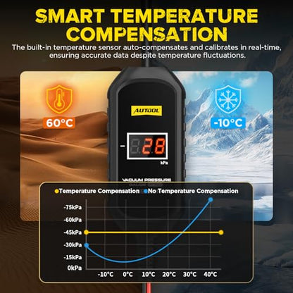 AUTOOL PT502 Digital Vacuum Pressure Gauge, Automotive Vacuum Leak Tester with Temperature Compensation, 101kPa High Accuracy Engine Intake Exhaust EGR Diagnostic Tool, 12V Car Powered