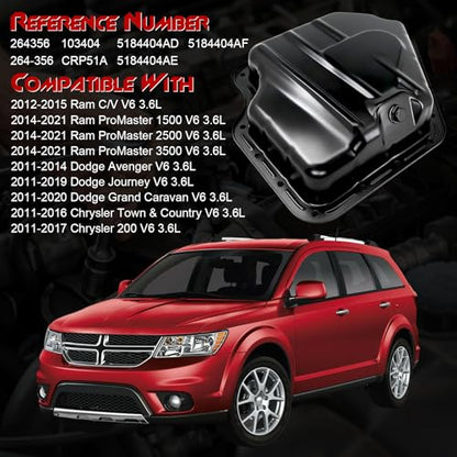Lower Engine Oil Pan Sump with Drain Plug, Compatible with Dodge Grand Caravan 2011-2020, Journey 2011-2019, Avenger 2011-2014 ＆ Chrysler Town & Country 200 ＆ Ram C/V, ProMaster 1500/2500/3500, 3.6L