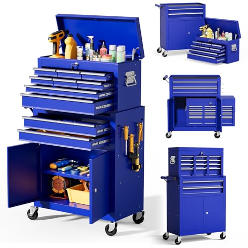 10-Drawer Rolling Tool Chest with Wheels, 2 in 1 Lockable Tool Box with Drawers, High-Capacity Mechanic Tool Organizer, Adjustable Shelf & Detachable Top Cabinet for Workshop Garage, Blue - color: Blue