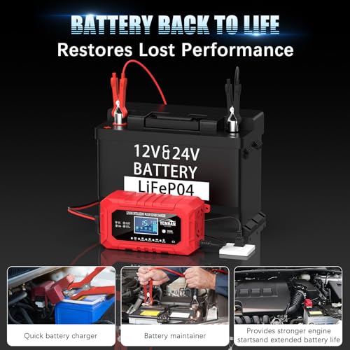YONHAN 15A Battery Charger, 12V/24V LiFePO4 & Lead Acid Car Battery Charger, 9-Stage Trickle Charger with Temp Compensation, Automotive Battery Maintainer for Car Truck Motorcycle Lawn Mower Boat(Red)