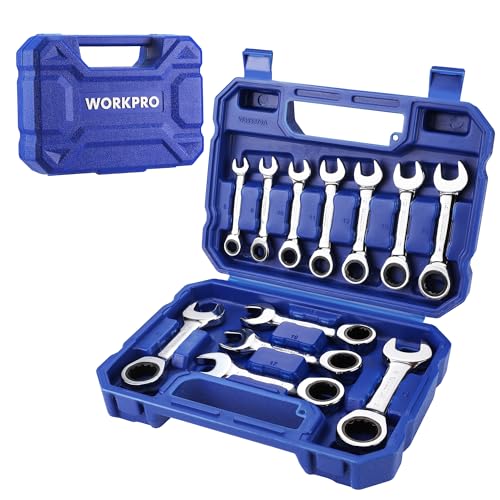 WORKPRO 12-piece Stubby Ratcheting Wrench Set, Metric 8-19mm, 72-Tooth, Cr-V Steel, Small Ratchet Combination Wrenches Set with Premium Storage Case