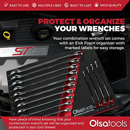 Olsa Tools 15 Pcs Metric Combination Wrench Set, Sizes 8-22mm, Unbreakable, Chrome Vanadium Steel, Polycarbonate