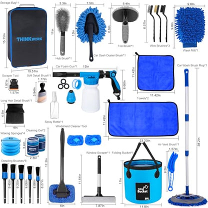 THINKWORK Car Wash Kit with Foam Gun, Extendable Mop & Collapsible Bucket | Adjustable Spray, Complete Car Detailing Kit, Soft Microfiber, Scratch-Free Paint Protection, Car & Home Use, Great Gift - color: Blue(33PCS)