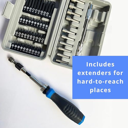 Apollo Tools 54-Piece Screwdriver & Nut Driver Bit Set – Ratcheting Handle, Flexible Extension, Metric Nut Drivers, Specialty Bits for Household, Automotive, & Appliance Repairs, Blue/Gray DT9025