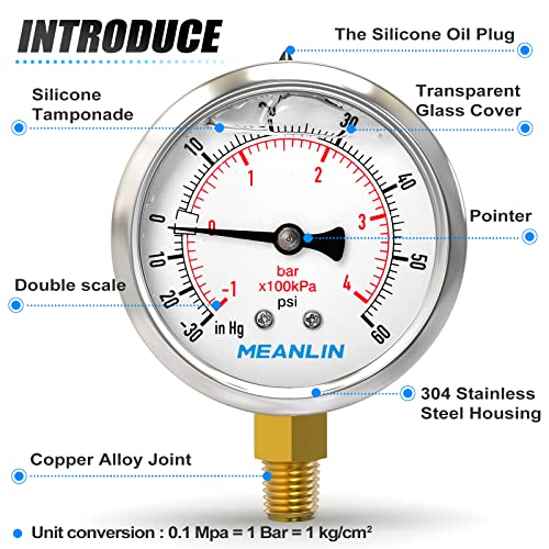 MEANLIN MEASURE -30inHG~60Psi Stainless Steel 1/8" NPT 2.5" FACE DIAL Vacuum Pressure Gauge, Lower Mount, with 1/4" NPT and 3/8" NPT Hex Bushing - size: -30inHG-60Psi