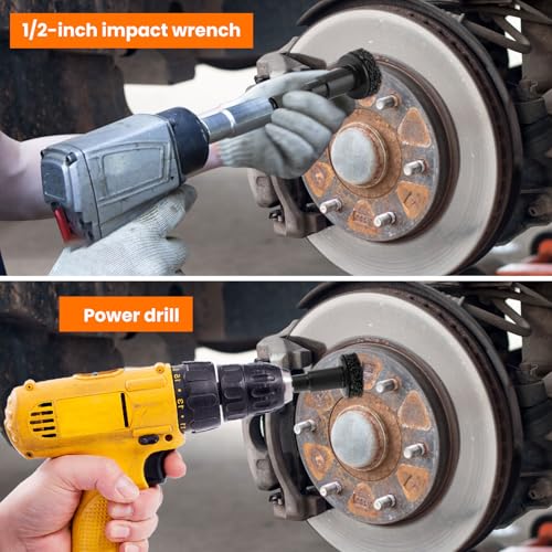 Wheel Hub Cleaning & Resurfacing Tool, Brake Hub Cleaning Kit for Power Drill & 1/2" Impact Wrench, Automotive Rust Removal Tool with 6 Brush Heads and Wire Brush for Brake Rotors, Hubs & Bolts