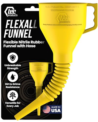 TEC Products FlexAll Long Flexible Funnels - Automotive Oil Funnel with Hose, Durable Nitrile Rubber for Oil Change, Transmission Funnel Fluid, Diesel, Fuel, Gas - Made in USA - Yellow (12 x 4 Inches) - color: Yellow, size: Small
