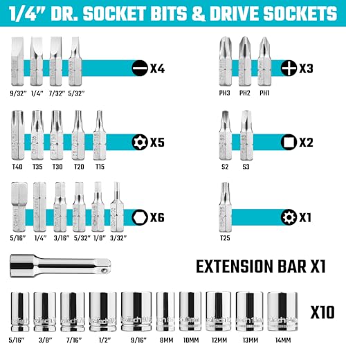 DURATECH 33-Piece 1/4" Drive Socket and Ratchet Set | 2 in 1 Flex Head Ratchet with Magnetic Bit Driver, CR-V Steel Sockets & Bits, Storage Case - size: 33pcs Set