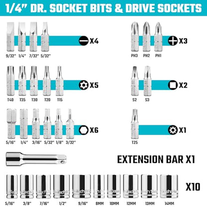 DURATECH 33-Piece 1/4" Drive Socket and Ratchet Set | 2 in 1 Flex Head Ratchet with Magnetic Bit Driver, CR-V Steel Sockets & Bits, Storage Case - size: 33pcs Set