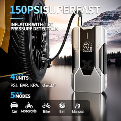 Emergency Portable Jump Starter with Air Compressor - 3000A 150PSI for Cars, Trucks & SUVs up to 9L Gas/7L Diesel, 12000mAh Portable Power Bank, -20°F Cold Start (Silver)