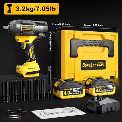 1/2" Cordless Impact Wrench - 1107Ft-lbs（1500N·m）21V 3 Speed High Torque Brushless Impact Gun with 2 x 4.0Ah Batteries & Charger & 6 Sockets & 5" extension bar for Tire Removal Rusted Bolts