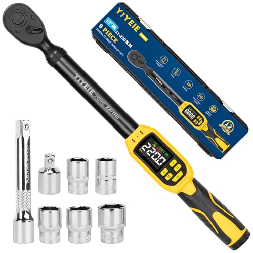 YIYEIE Digital Torque Wrench 1/2" Drive, 8.5-160 Ft-lb/10-220 N.m, ±1% Accuracy, Electronic Torque Tool with Buzzer and LED Alert, 1/2 Torque Wrench Set 8Pcs with Sockets for Motorcycle, Car Repair - size: 8PCS, style: 1/2-Inch (8.5-160 ft.lb)