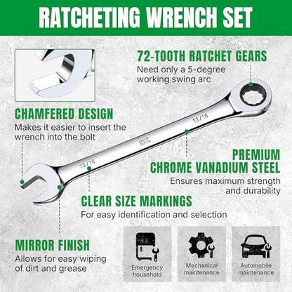 SK Ratcheting Wrench Set, Combination Wrench Set, 30-Piece, SAE 1/4" to 1", Metric 8 to 24mm, 72-Tooth, Premium CR-V Construction, with Rolling Pouch - size: 30-Piece, SAE 1/4" to 1", Metric 8 to 24mm