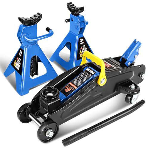 DNA Motoring 2 Ton Car Jack and Stands Kit 2T(4000 lbs) Capacity Low Profile Hydraulic Trolley Service/Floor Jack with 2 Ratchet Stands Combo for Home Garage Shop, Blue, TOOLS-00476 - color: Blue