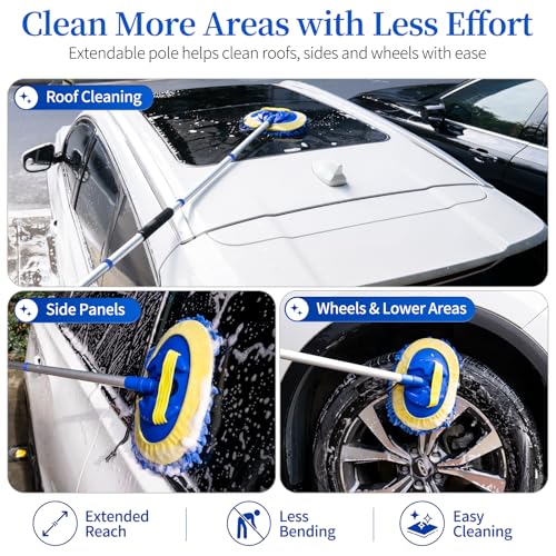 Car Wash Brush with Long Handle - 62" Car Wash Kit with Chenille Microfiber Cleaning Brush, Car Washing Mop with 3 Replacement Mitts, Scratch-Free Scrub Washer Wand for Vehicles, RV, Truck Blue - color: Blue