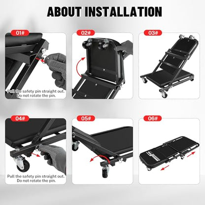 36" Folding Creeper with Tire Kit & 5 Boxes, 330 LBS, 6 Casters | Steel folding creeper converts to seat. Low 4.5" profile. Folds flat. 6 swivel casters. - color: Black with Tire Kit & Storage