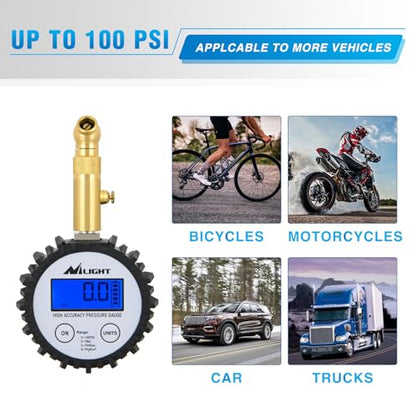 Nilight Digital Tire Pressure Gauge 100PSI Heavy Duty Stainless Steel Air Chucks ANSI 2A Certified Large Dial Wheel Service Checker for Truck Semi Truck ATV Motorhome Cars & RV Accessories - color: Digital Tire Gauge