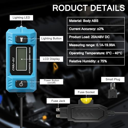Car Fuse Tester, Automotive Circuit Fault Probe Tester, 20A 48V Parasitic Draw, Car Relay & Circuit Tester with Overcurrent Detection, Inline Current Monitor for Mini & Standard Blade Fuses