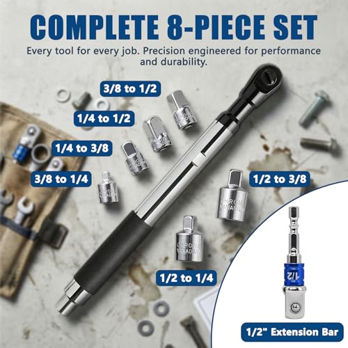 17.2" Offset Extension Wrench Set, 8-Piece Ratchet Extender with 6 Drive Adapters for 1/4", 3/8" & 1/2" Sockets, 0° Swing Tool for Power Drills, Hand Ratchets & Tight Spaces