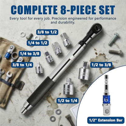 17.2" Offset Extension Wrench Set, 8-Piece Ratchet Extender with 6 Drive Adapters for 1/4", 3/8" & 1/2" Sockets, 0° Swing Tool for Power Drills, Hand Ratchets & Tight Spaces