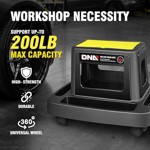 DNA Motoring Mobile Plastic Tool Seat Rolling Garage Work Stool with Under-Seat Storage & Tray for Workshop Auto Repair Shop, Yellow/Black, TOOLS-00368 - style: UP200lbs Blue