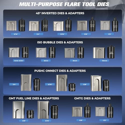 Hydraulic Flaring Tool Kit Universal Brake Line Flaring Tool Set for 45° Single Double Flare ISO Bubble GM Fuel line Push Connect Flare on 304 Stainless Steel/Steel and Soft Metal tubing