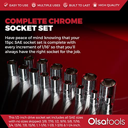 Olsa Tools SAE Shallow Socket Set - 1/2-Inch Drive, 18pc - 6-Point Chrome Sockets 3/8" to 1-1/4" and No Skipped Sizes - Mechanic Shallow SAE Socket Set - Professional Grade Sockets - Part: 1324 - color: Sae Shallow, size: 15pc, 1/2-Inch Drive