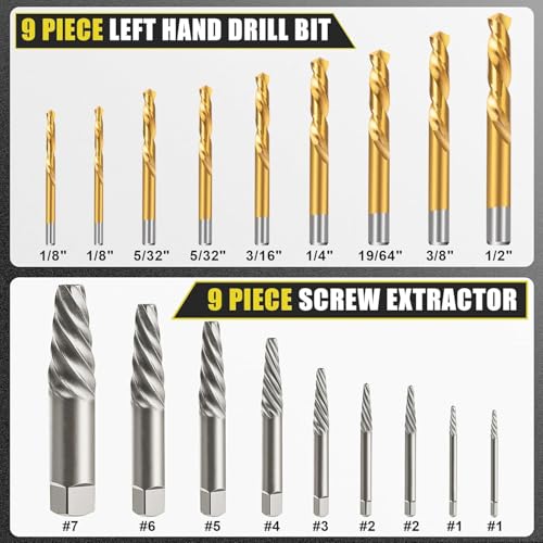 TOPEC Screw Extractor and Left Hand Drill Bit Set - 18 Piece Easy Out Bolt Extractor Kit for Removing Damaged Screws, Broken Bolts, Studs - size: 18 Piece